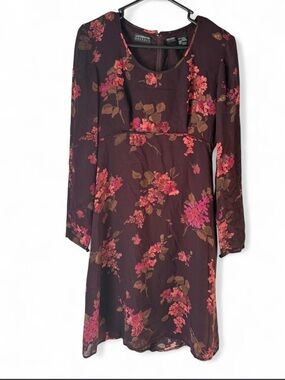 Liz Claiborne Floral Sheer Long Sleeve Dress Brown Pink Flowy Lined Size 4